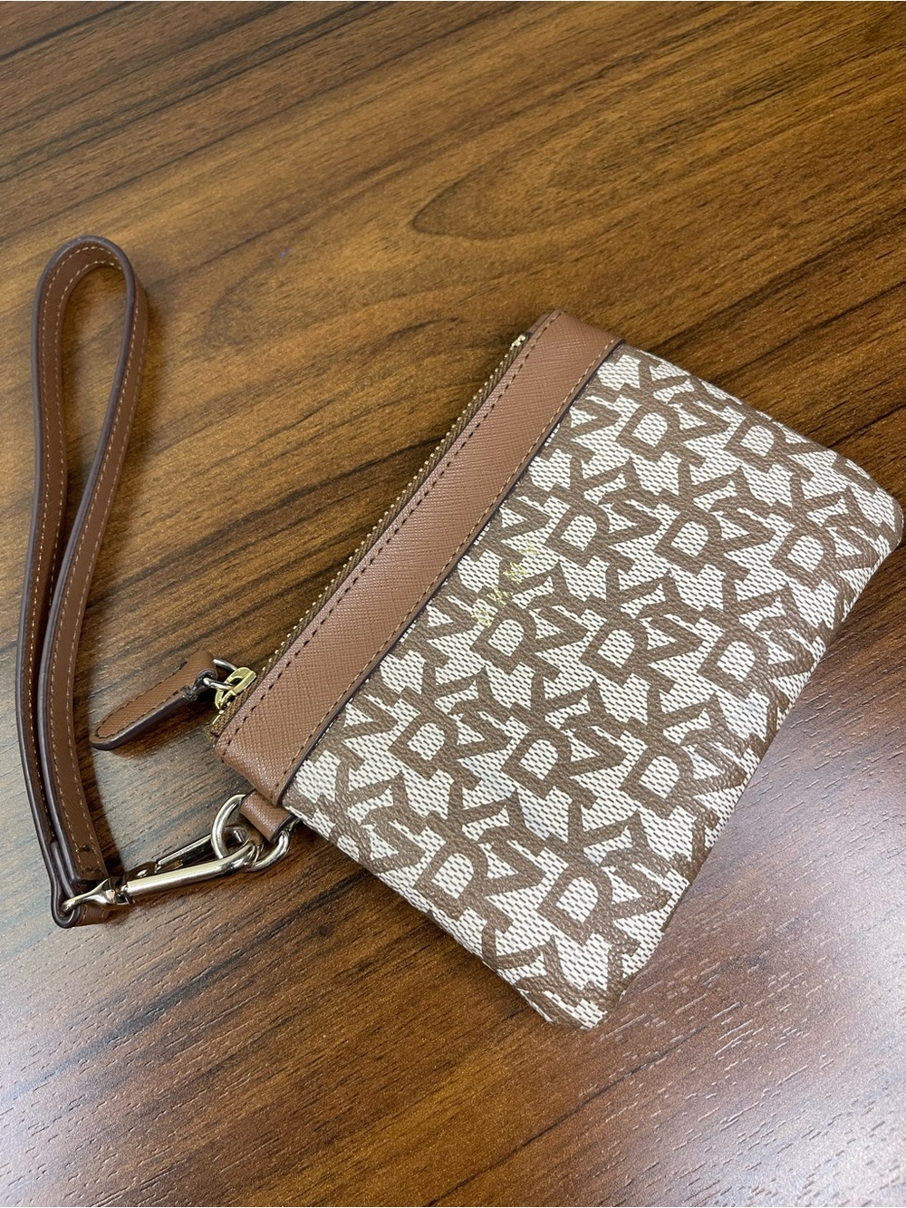 DKNY Logo Zip Wristlet Wallet w/ Wrist Strap, Brown/Beige